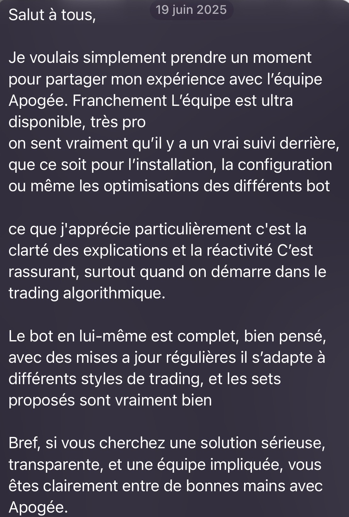 Capture avis Apogée : expérience trading algorithmique